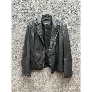 Tahari Womens Lamb Leather Ruffle Long Sleeve Blazer Jacket Black M/L‎